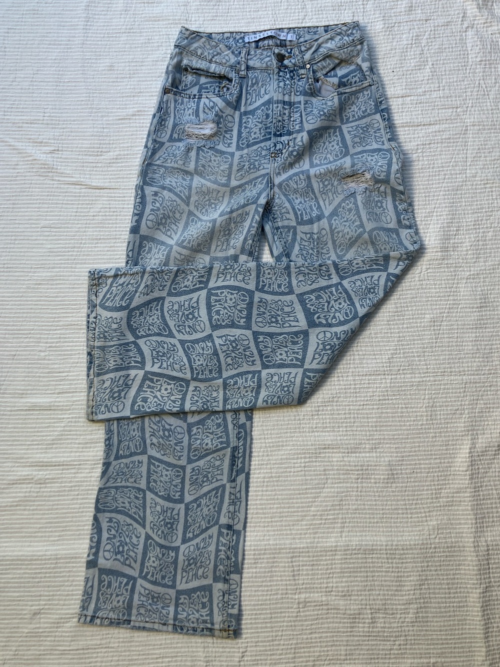Tinseltown High Rise Distressed Wide Leg Jeans Checkerboard Peace Sign Women 7